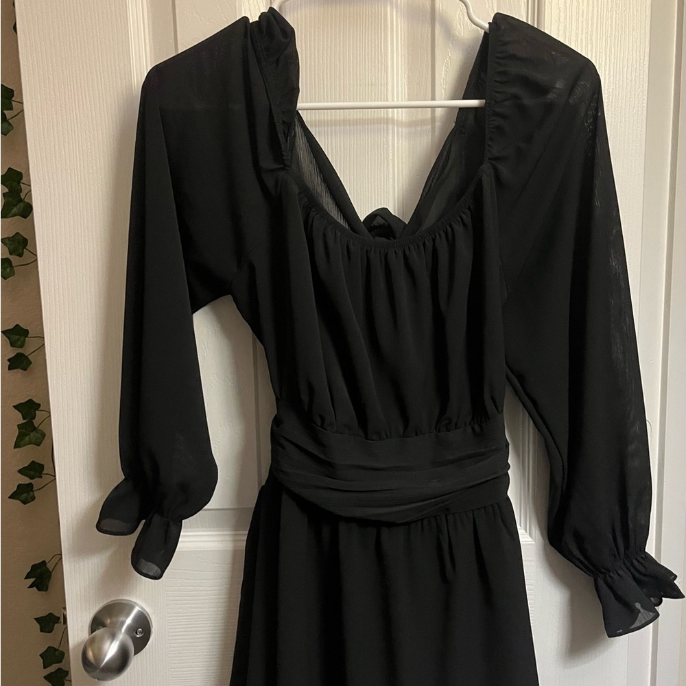 Womens Flowy Black Dress w/ Bow and Open Back